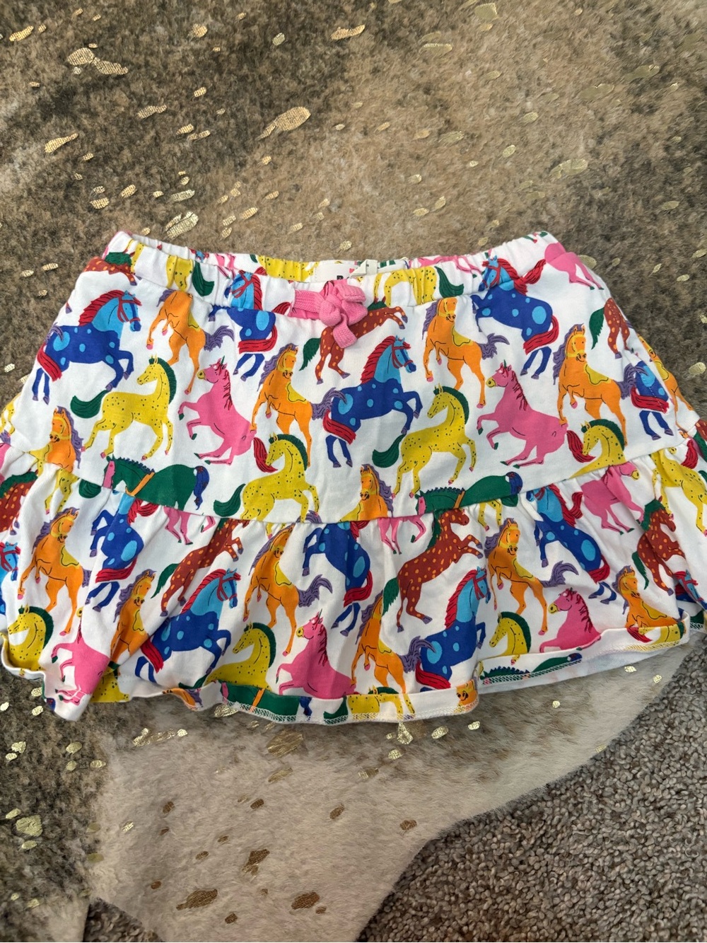 Mini Boden White Ruffle Skort with Multicolor Horse Print